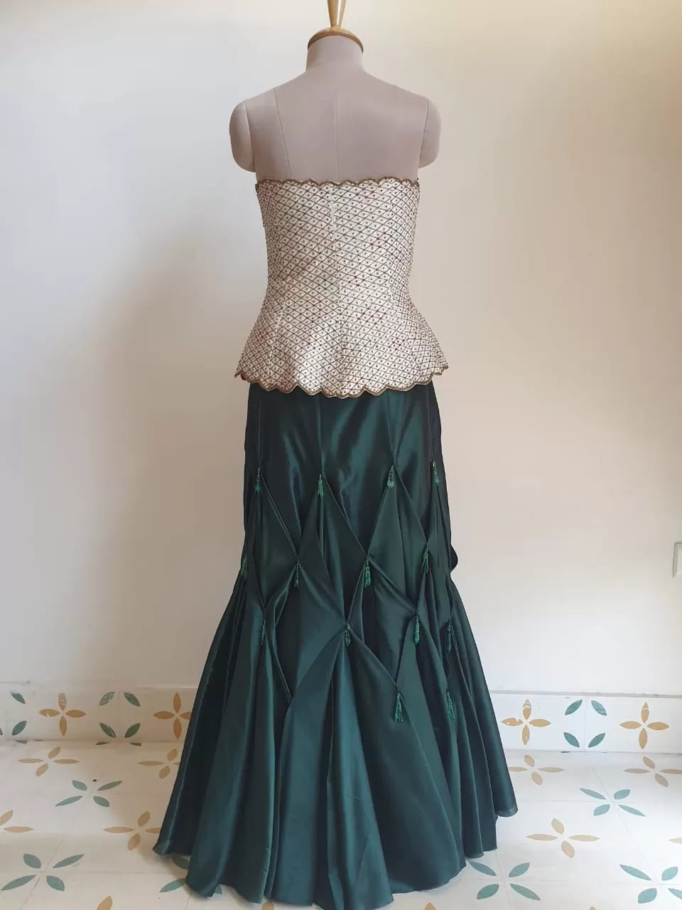 Opulent Ivory & Maroon Zardozi Corset with bottle green skirt
