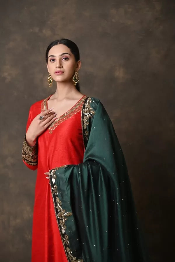 Tri-Colour Pure Raw Silk Suit with Zardozi Work