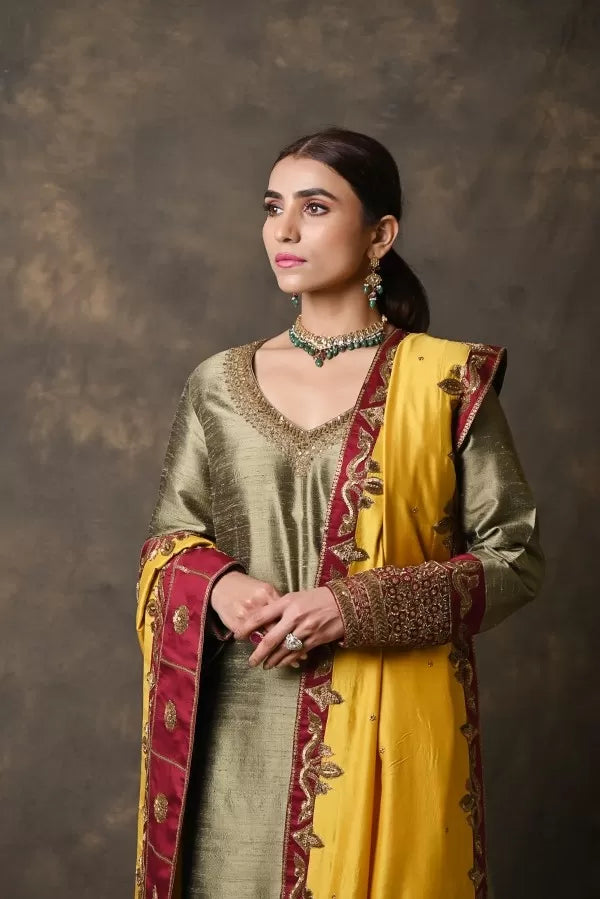 Tri-Colour Pure Raw Silk Suit with Plazo