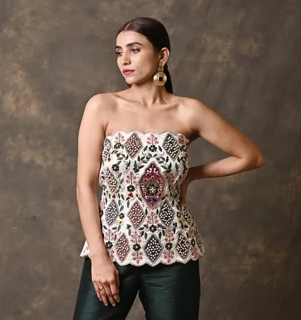 Royal Pearl Zardosi Corset with bottle green pants