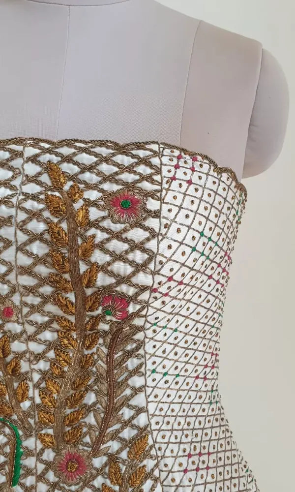 Opulent Ivory & Maroon Zardozi Corset with bottle green skirt