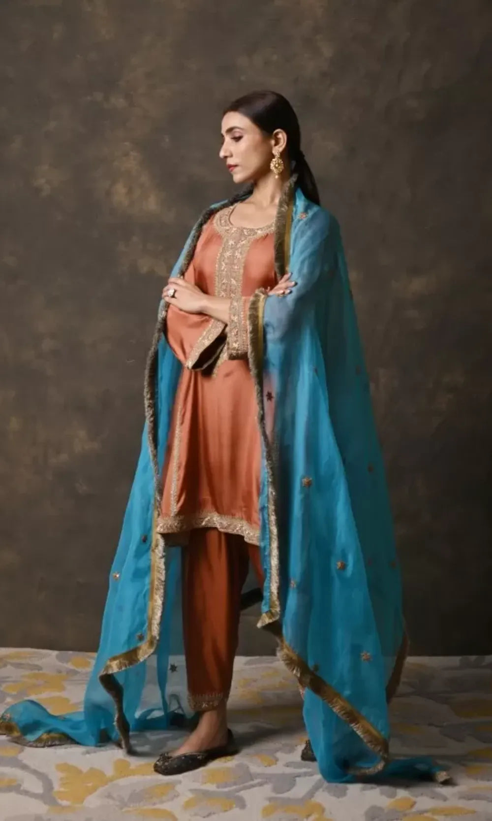 Brown Silk A-Line Suit with Zardosi Handwork