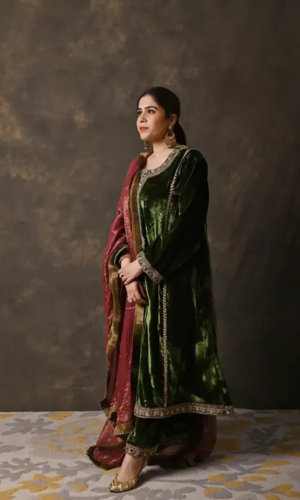 Bottle Green Pure Silk Velvet Suit with Zardosi Handwork