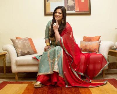 Mint Red Silk Chanderi Sharara Set