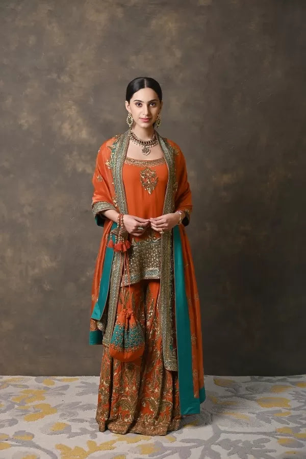 Rusk Crepe Georgette Sharara Set with Metal Hand Work