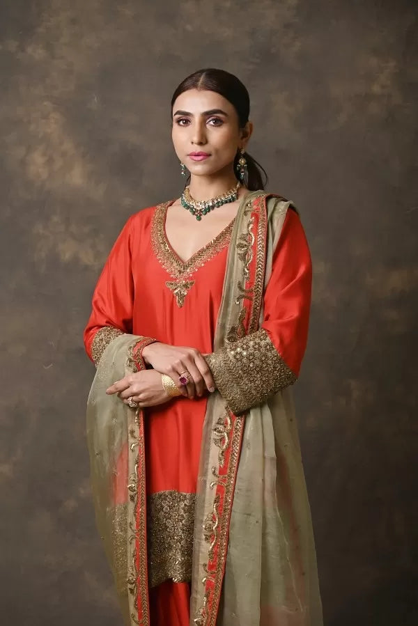 Rustic Red Pure Silk Suit with Metal Hand Work