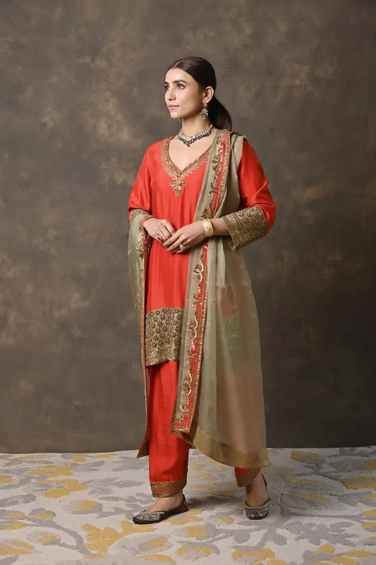 Rustic Red Pure Silk Suit with Metal Hand Work