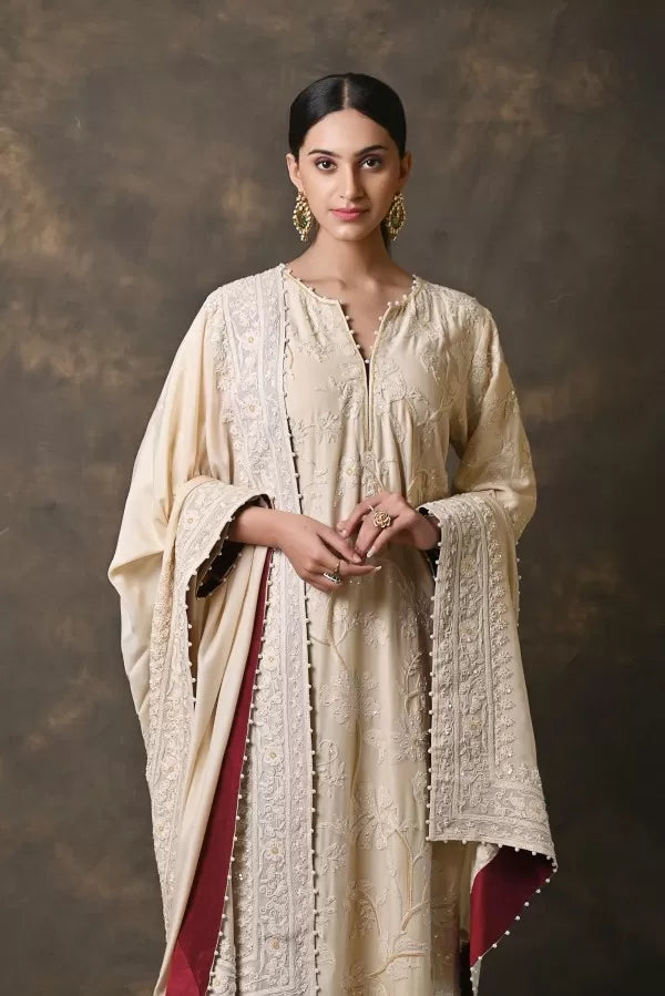 Beige Pure Cotton Silk Suit with Aaree Work