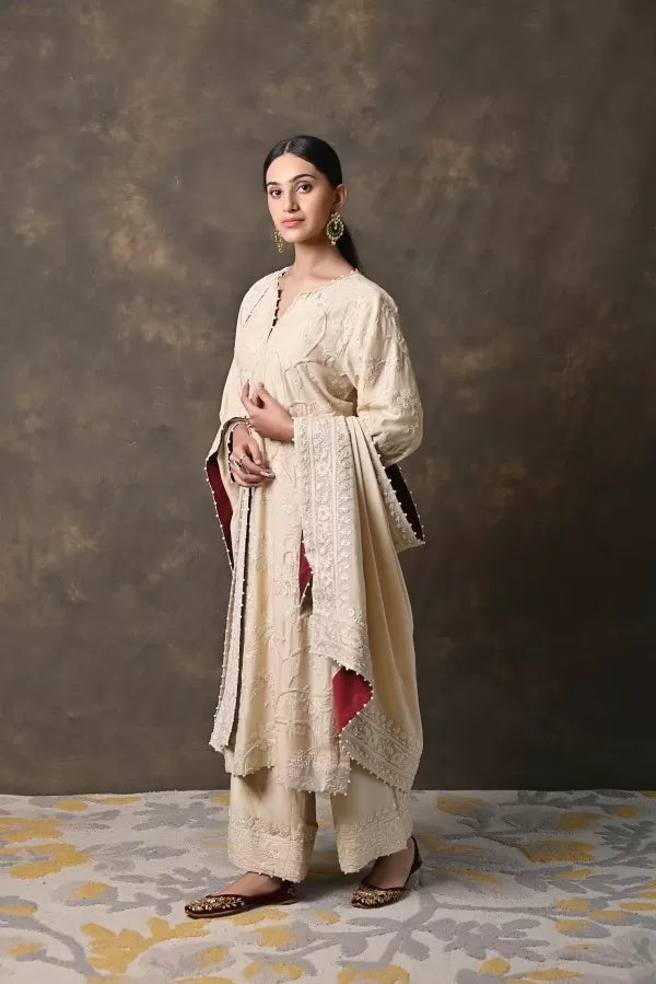 Beige Pure Cotton Silk Suit with Aaree Work