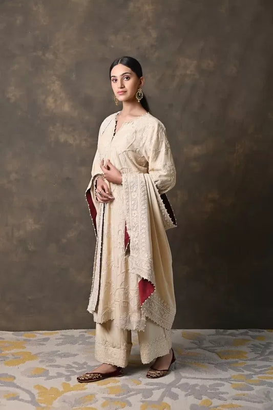 Beige Pure Cotton Silk Suit with Aaree Work