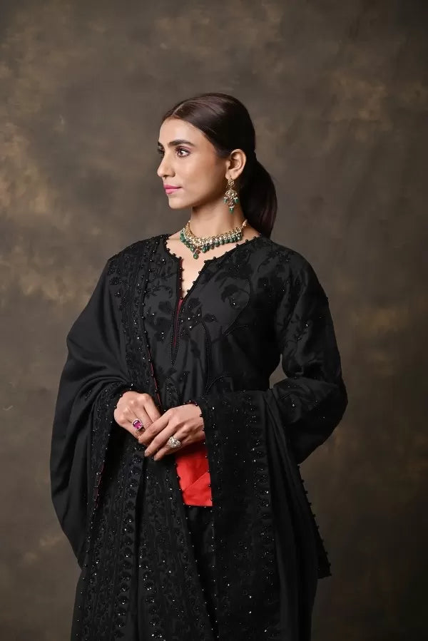 Black Pure Cotton Silk Suit with Aaree Work