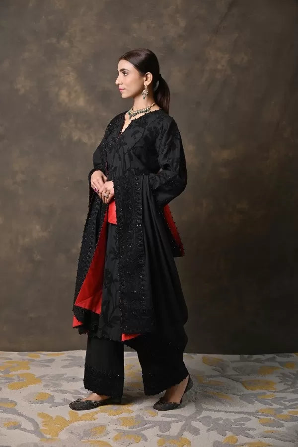 Black Pure Cotton Silk Suit with Aaree Work