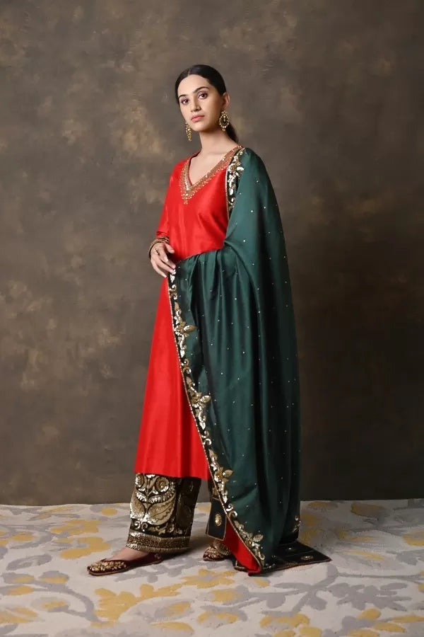 Tri-Colour Pure Raw Silk Suit with Zardozi Work
