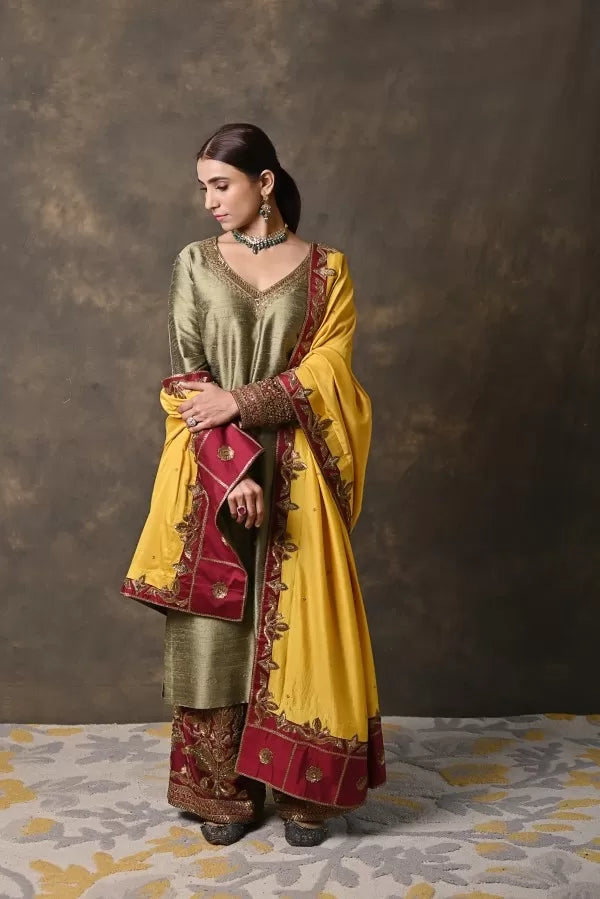 Tri-Colour Pure Raw Silk Suit with Plazo