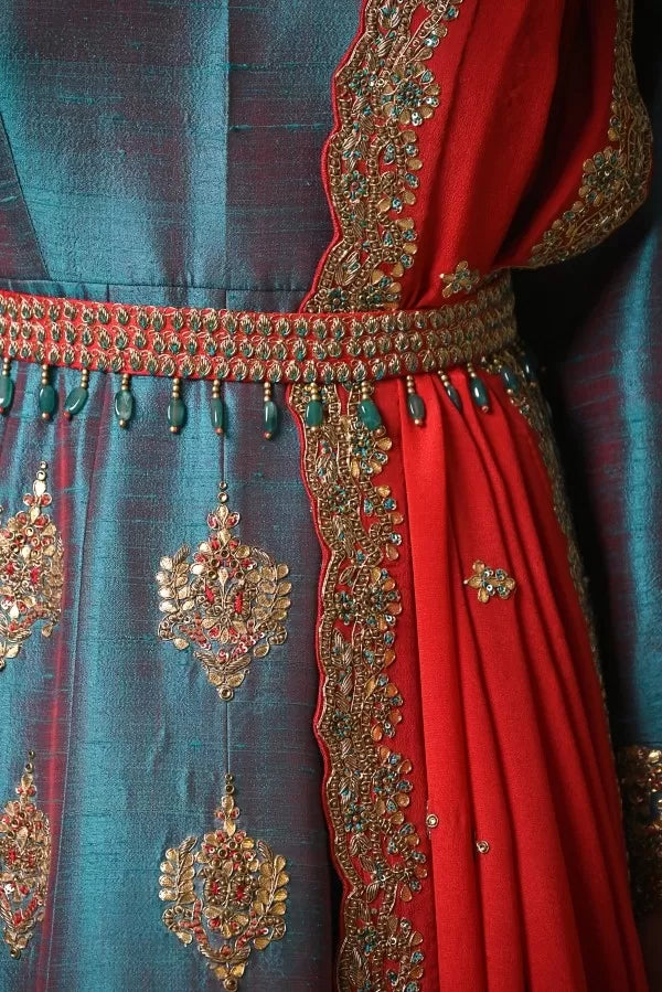 Bottle Green Raw Silk Anarkali with Red Dupatta