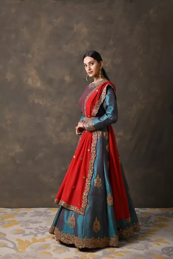 Bottle Green Raw Silk Anarkali with Red Dupatta