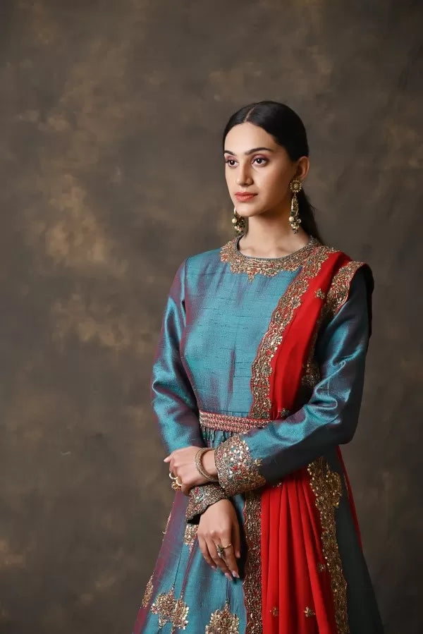 Bottle Green Raw Silk Anarkali with Red Dupatta