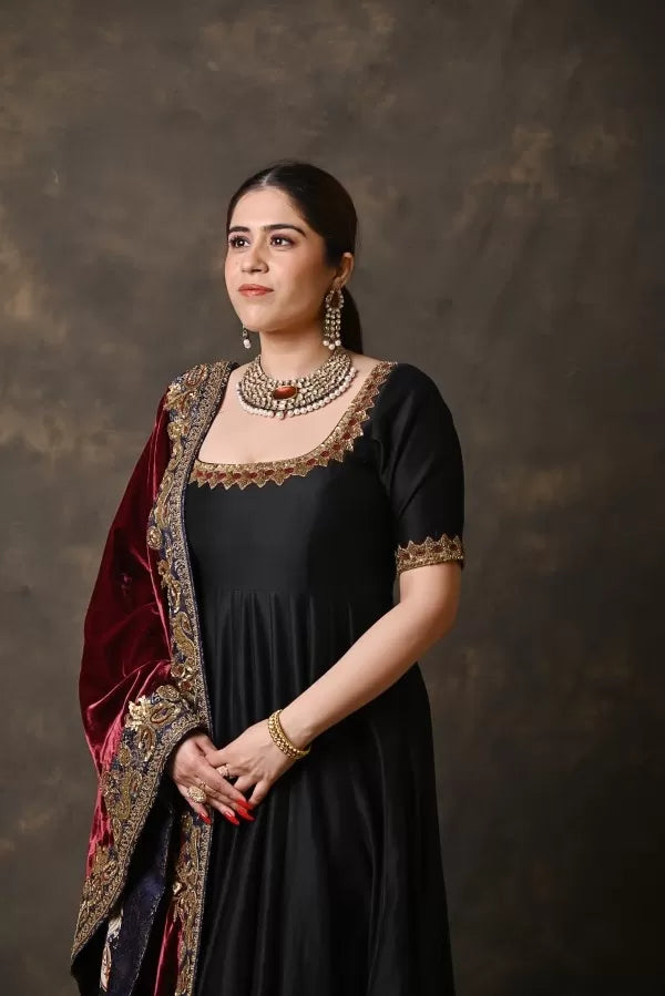 Black Chanderi Anarkali with Wine Velvet stole
