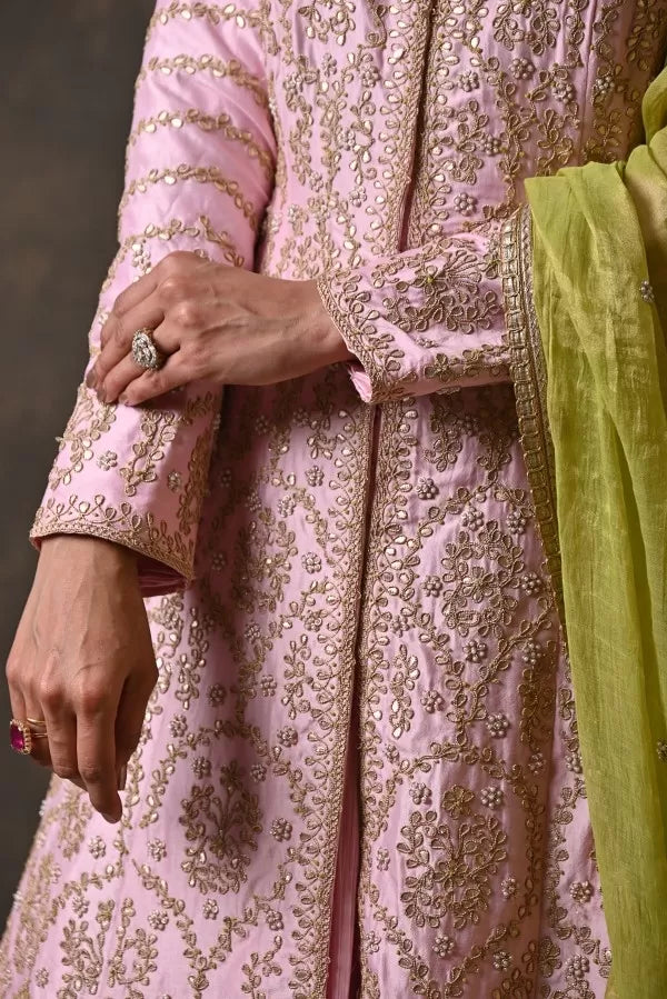 Pink Pure Silk Shirt & Skirt Set with Gotta Patti Handwork