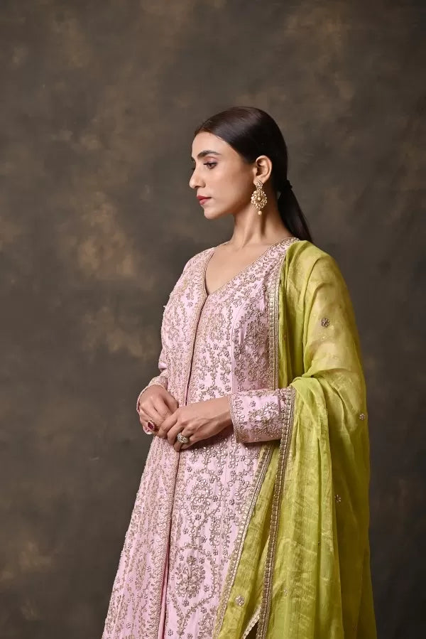 Pink Pure Silk Shirt & Skirt Set with Gotta Patti Handwork