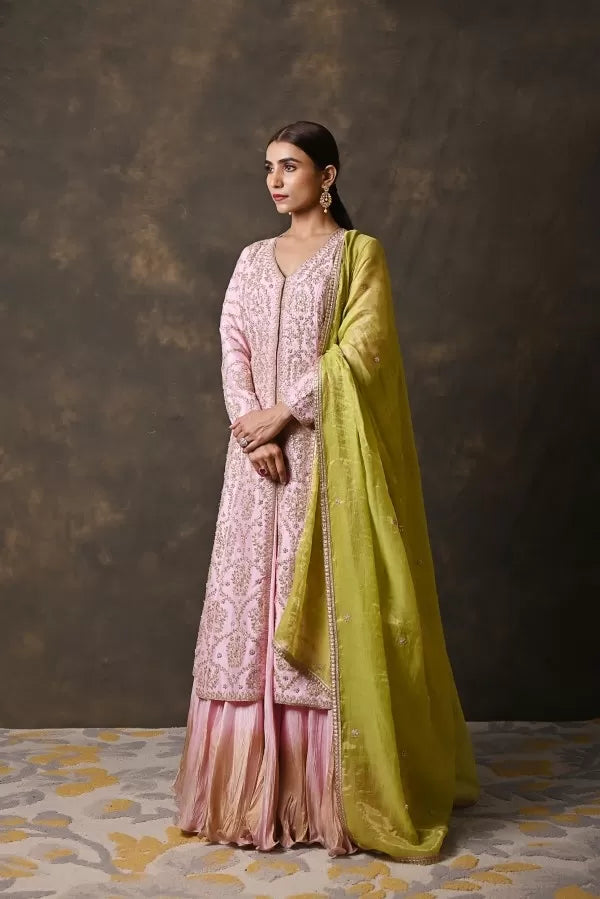 Pink Pure Silk Shirt & Skirt Set with Gotta Patti Handwork
