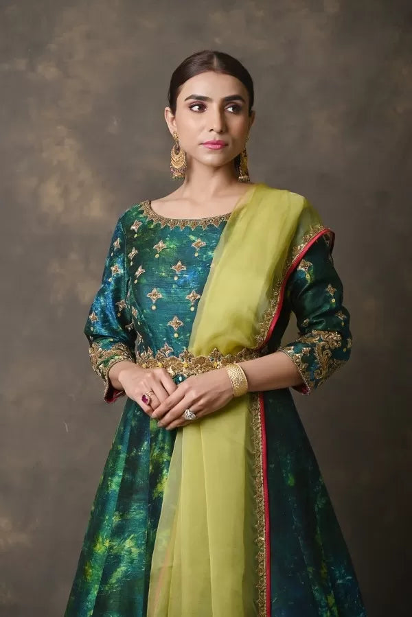 Green & Blue Ombre Raw Silk Anarkali Set
