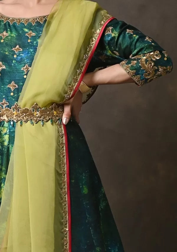 Green & Blue Ombre Raw Silk Anarkali Set