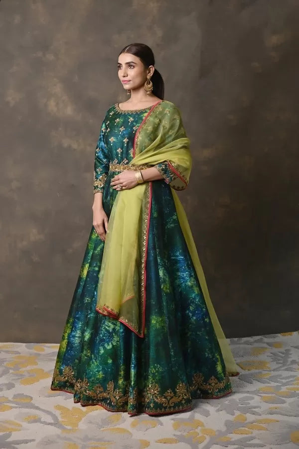 Green & Blue Ombre Raw Silk Anarkali Set