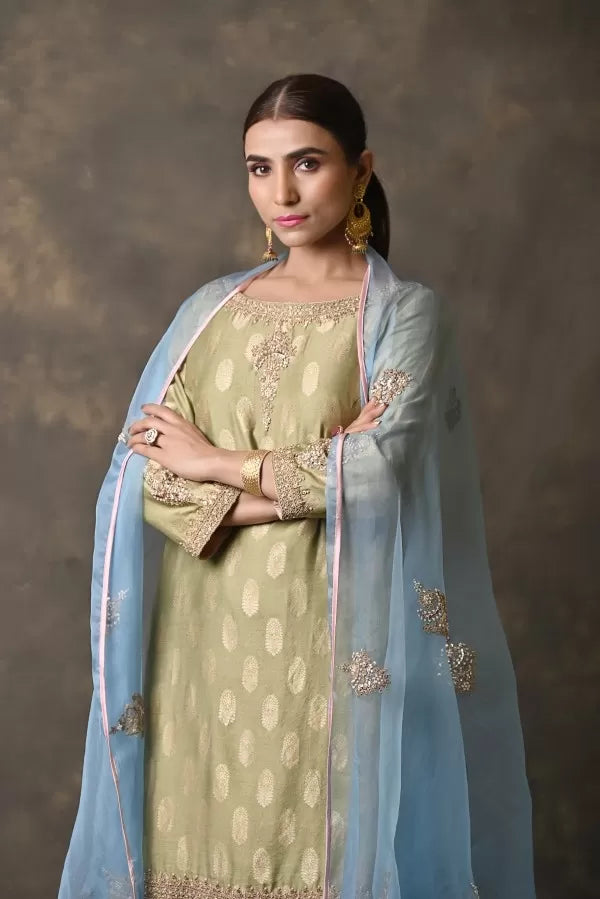 Mehndi Green & Sky Blue Banarasi Chanderi Sharara Set