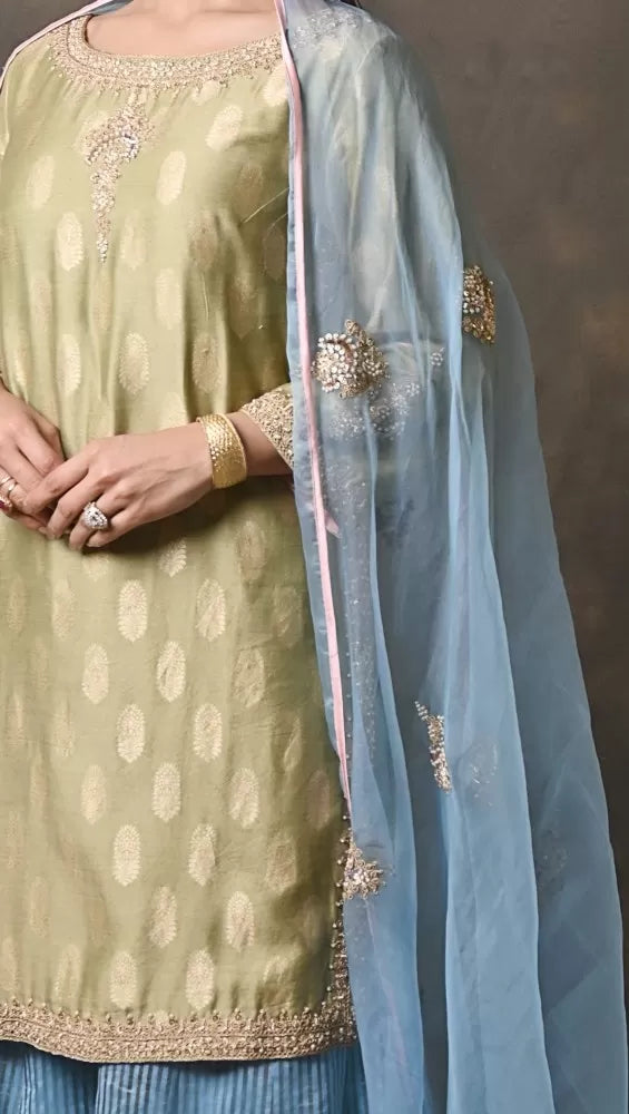 Mehndi Green & Sky Blue Banarasi Chanderi Sharara Set
