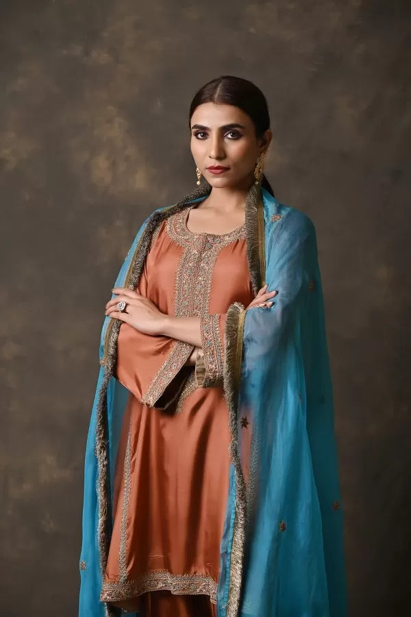 Brown Silk A-Line Suit with Zardosi Handwork