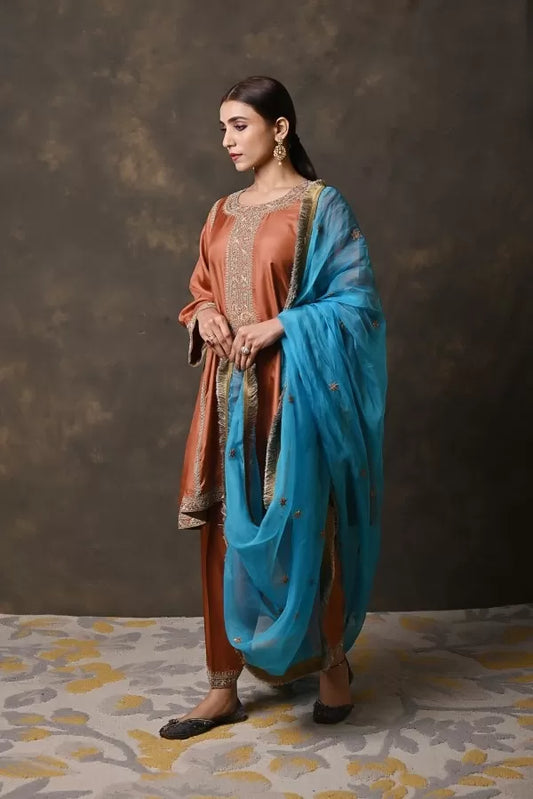 Brown Silk A-Line Suit with Zardosi Handwork