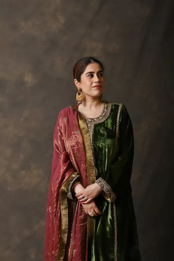 Bottle Green Pure Silk Velvet Suit with Zardosi Handwork
