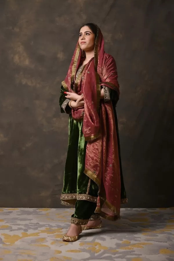 Bottle Green Pure Silk Velvet Suit with Zardosi Handwork
