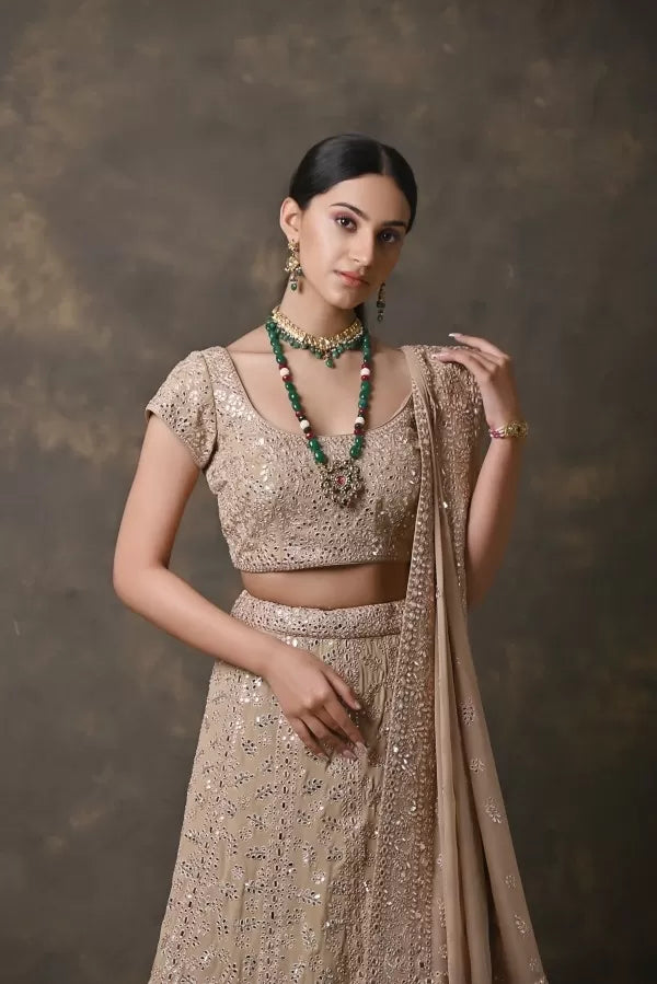 Beige Mirror & Sequin Handworked Georgette Lehenga Set