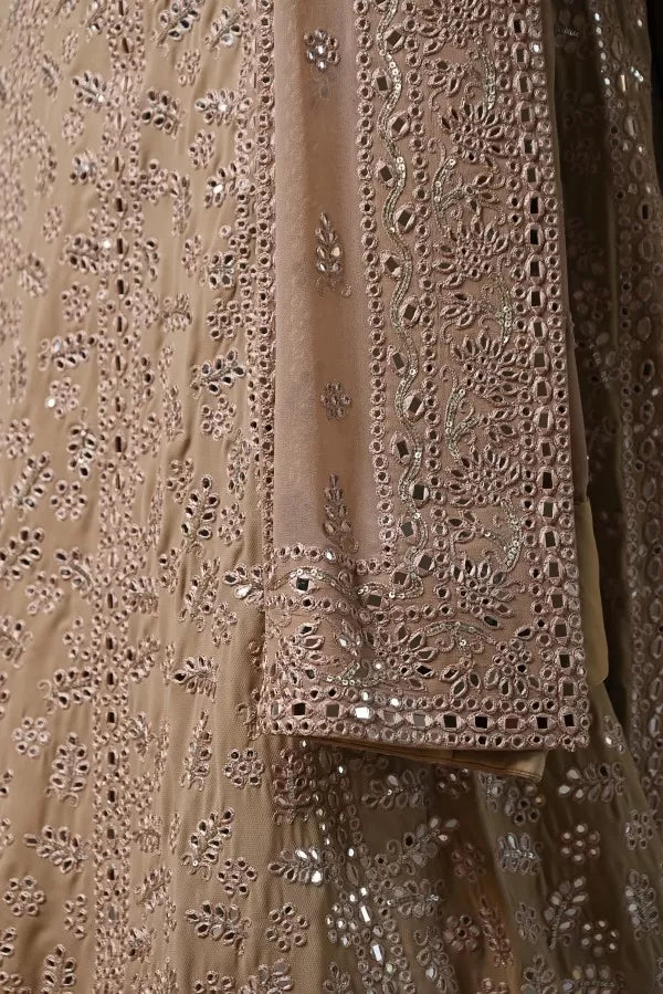 Beige Mirror & Sequin Handworked Georgette Lehenga Set