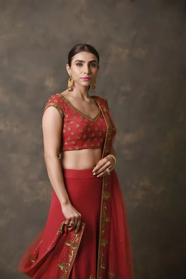 Red Zardosi Handworked Georgette Lehenga Set