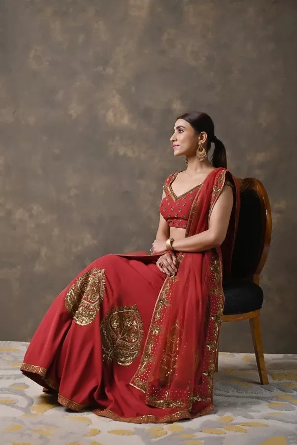 Red Zardosi Handworked Georgette Lehenga Set