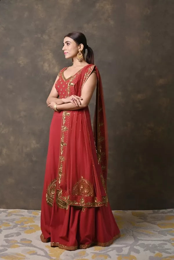 Red Zardosi Handworked Georgette Lehenga Set