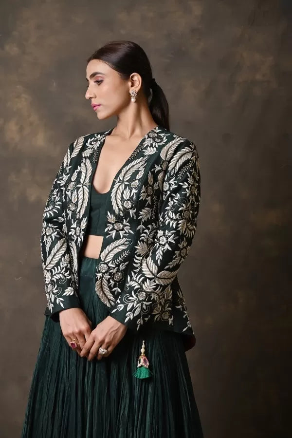 Bottle Green Crushed Skirt Set with Peplum Jacket