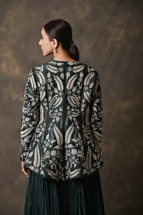 Bottle Green Crushed Skirt Set with Peplum Jacket