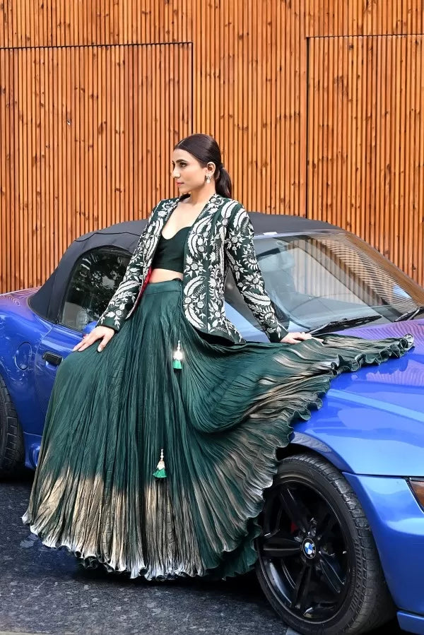 Bottle Green Crushed Skirt Set with Peplum Jacket