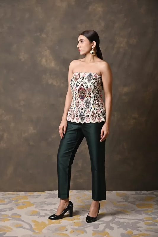 Royal Pearl Zardosi Corset with bottle green pants