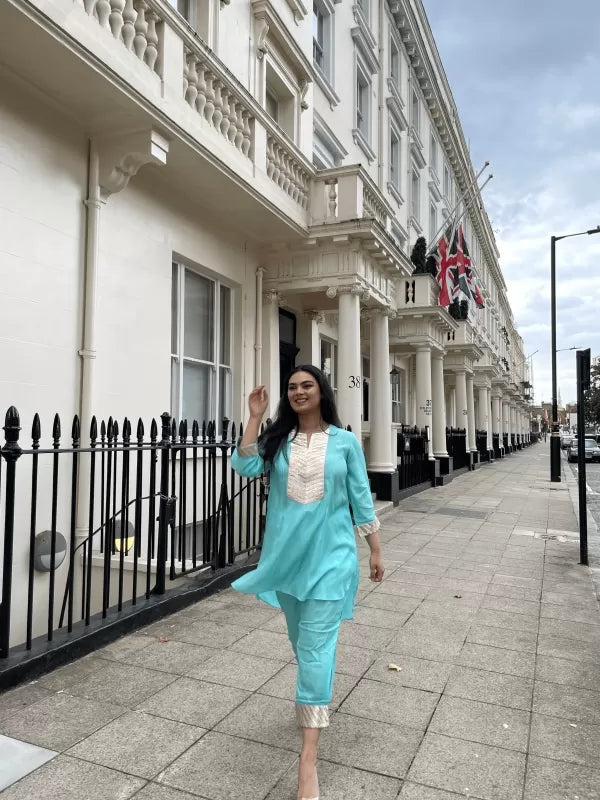 Blue Cotton Silk Kurta Set with Gold & Silver Gotta Work