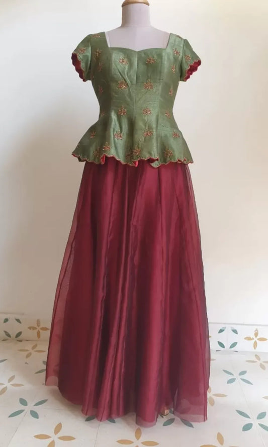 Regal Green Embroidered Peplum Corset with maroon skirt