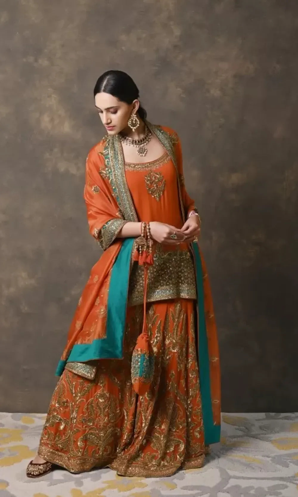 Rusk Crepe Georgette Sharara Set with Metal Hand Work