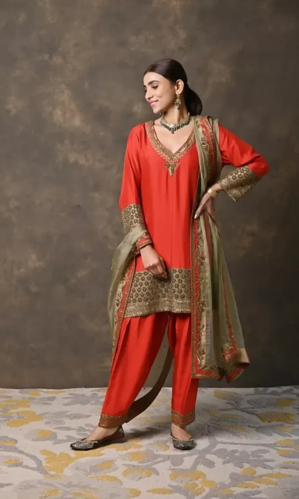 Rustic Red Pure Silk Suit with Metal Hand Work