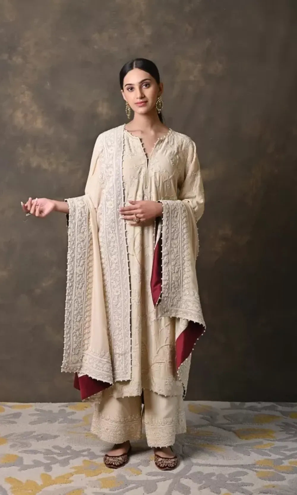 Beige Pure Cotton Silk Suit with Aaree Work