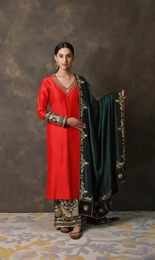 Tri-Colour Pure Raw Silk Suit with Zardozi Work