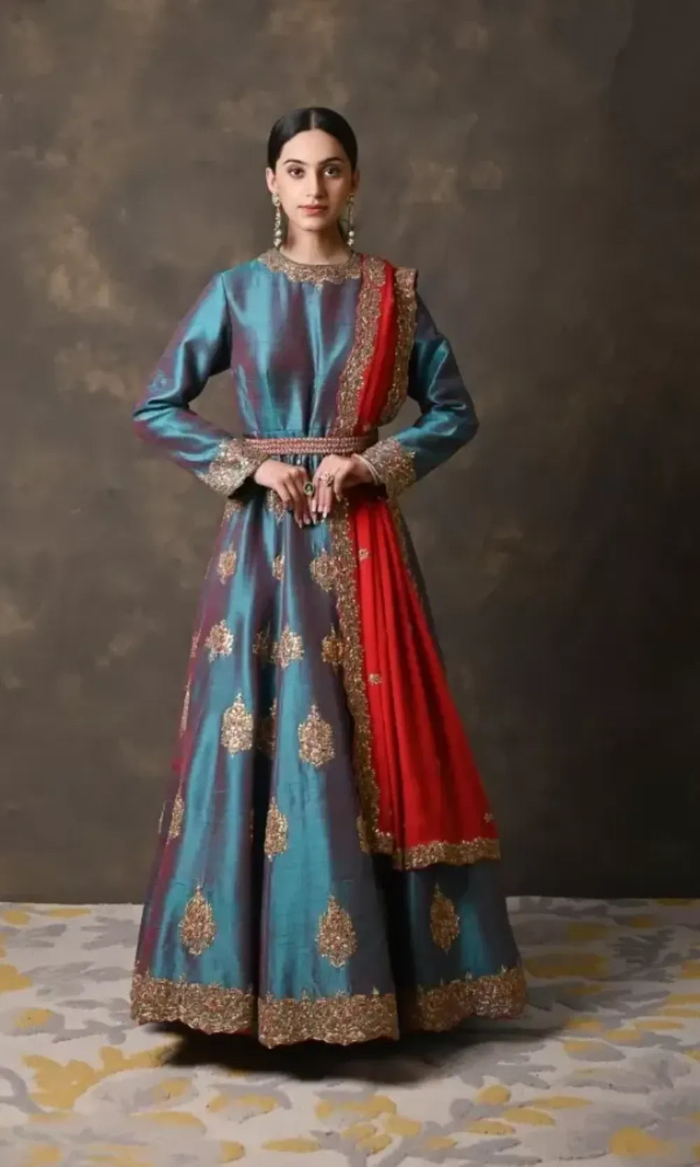 Bottle Green Raw Silk Anarkali with Red Dupatta